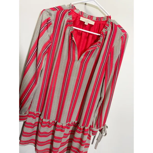 Loft Red White‎ Striped Drop Waist Mini Dress Long Sleeve Tie Cuff XS - Image 3