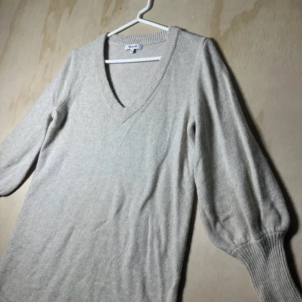Madewell Neutral Wool Blend Bubble Sleeve‎ V Neck Knit Sweater Medium - Image 2