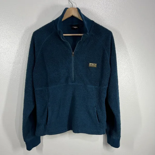 KAVU Fleece Pullover Quarter Zip Sherpa Jacket Outdoor Cozy Blue Large Travel‎ - Image 2