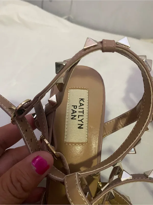 Kaitlyn Black Patent Pointed-Toe Studded Slingback Heels with Nude Straps - Image 2