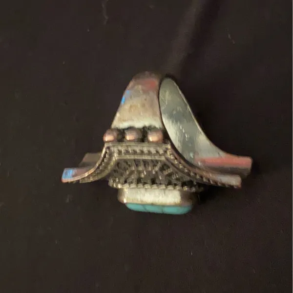 Womens Vintage Ring Size 6 Faux Turquoise Stone On Silver Ornate Rectangle - Image 4