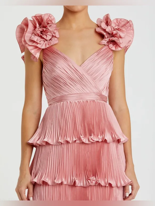 MAC DUGGAL Pink Pleated Charmeuse Tiered Gown With Ruffle Straps Size 8 - Image 2