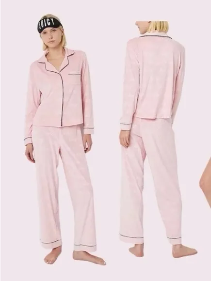 Juicy Couture Pajama Set Large Pink Velour Long Sleeve Notch Collar Top & Pants - Image 2