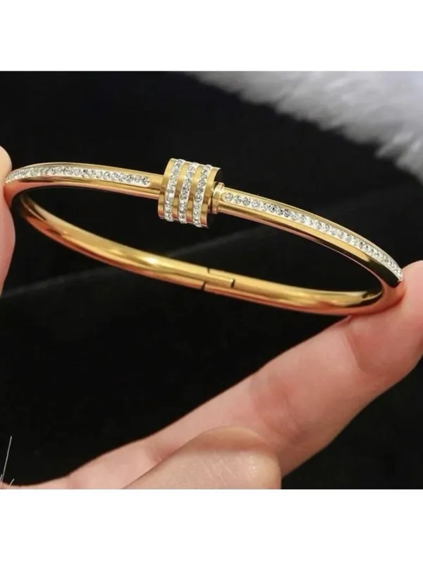 18K Gold Plated RhinestonesBangle Stainless Steel BraceletWomens Jewelry Gift - Image 2