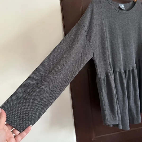 ARULA | Dark Gray Heather Waffle Scalloped Waist Babydoll Long Sleeve Top 2XL B - Image 4