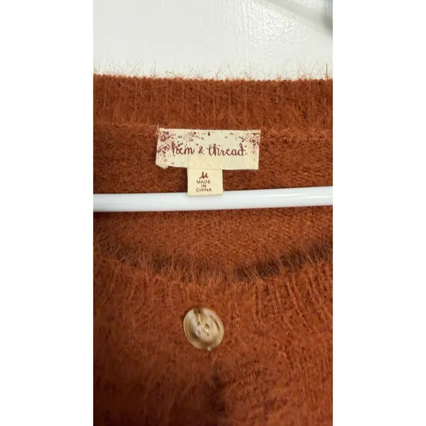 Hem & Thread Rust Orange Fuzzy Eyelash Knit‎ Star Embroidered Cardigan Sweater M - Image 3