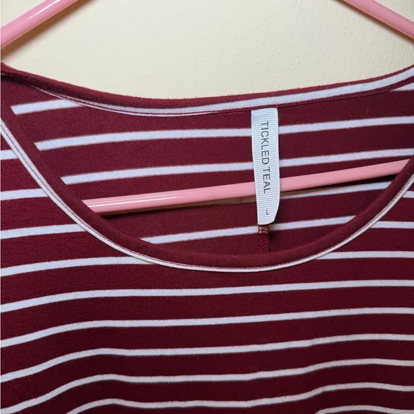 Tickled Teal Burgundy and White Striped Ruffle Sleeve Top - Image 2