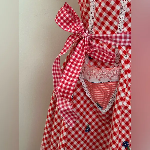 Red White Retro Gingham Checkered Lace Sleeveless Wing Hand Made Dress Sz S - Image 8