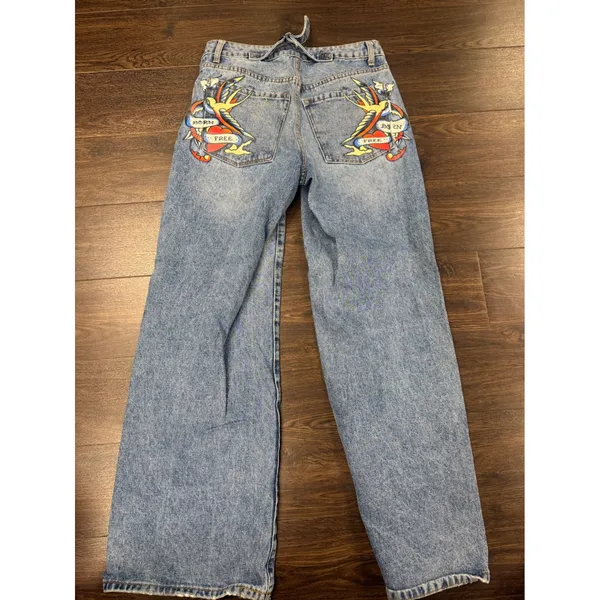 Ed Hardy Denim Jeans Women's 26 Born Free Tattoo Graphic Y2K Wide Leg - Image 2