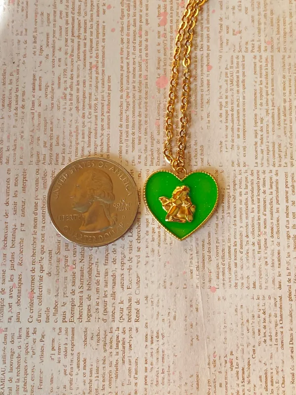 gold tone stainless steel angel cherub green heart goth cute chic antique style necklace👼💗 - Image 7