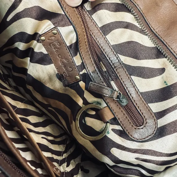 Kate Landry Brown Leather Tote Bag Whipstitch Zebra Print Western Boho - Image 7
