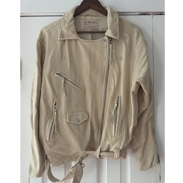 We The Free Free People Cream Cotton Moto‎ Jacket Belted Asymmetric Zip XS - Image 2