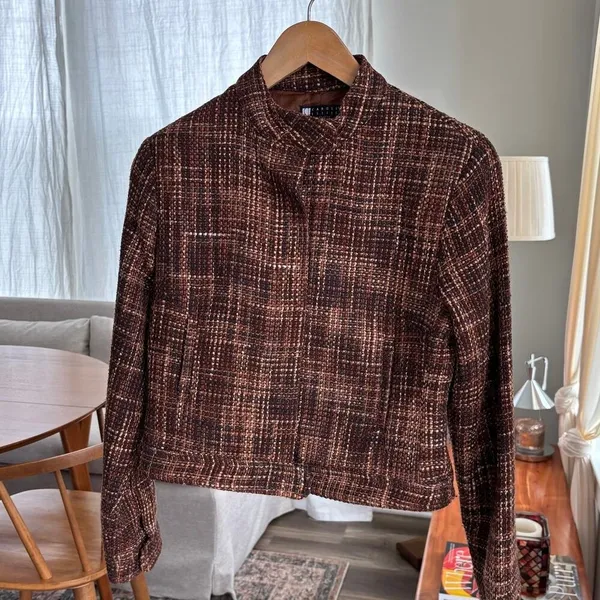 90s Vintage Carole Little Silk Tweed Mock Neck Crop Jacket Brown Petite Small - Image 2