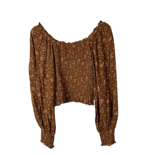 Boutique Hem & Thread Brown Floral Smocked Long Sleeve Top S‎ - Image 2