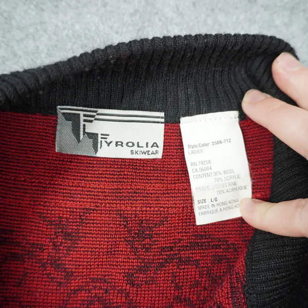 Tyrolia Skiwear Vintage Nordic Wool Blend Sweater Black Red Metal Clasps Size L‎ - Image 3