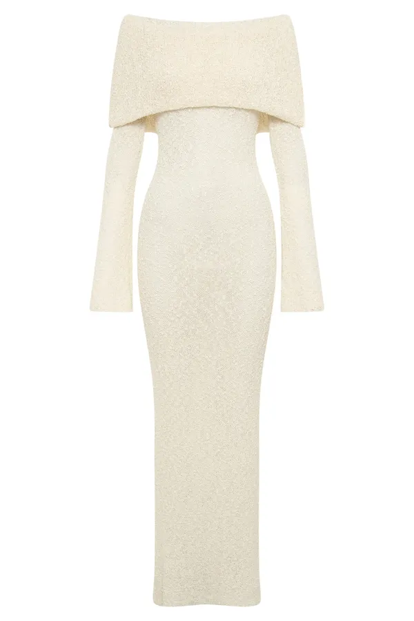 Meshki Off-The-Shoulder Dress Boucle Cream Maxi Dress - Image 5