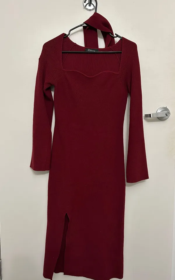 Maroon Sweater Dress With Belt Red Size L - Image 3