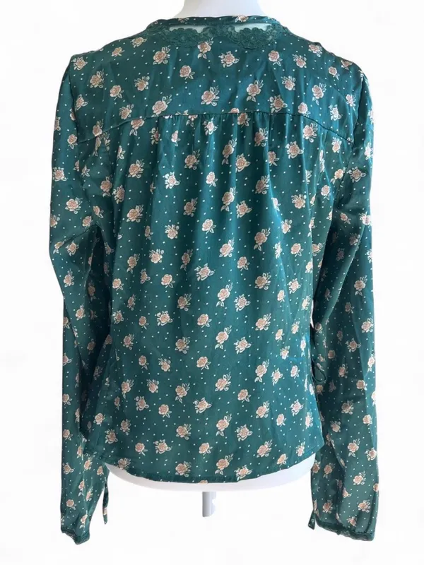 Free People Green Floral Lace Trim Button Front Blouse Size M - Image 3