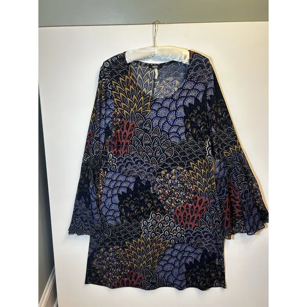 MSK Blue Paisley Flared Bell Sleeve Shift Dress Boho Floral Womens M/L READ - Image 14