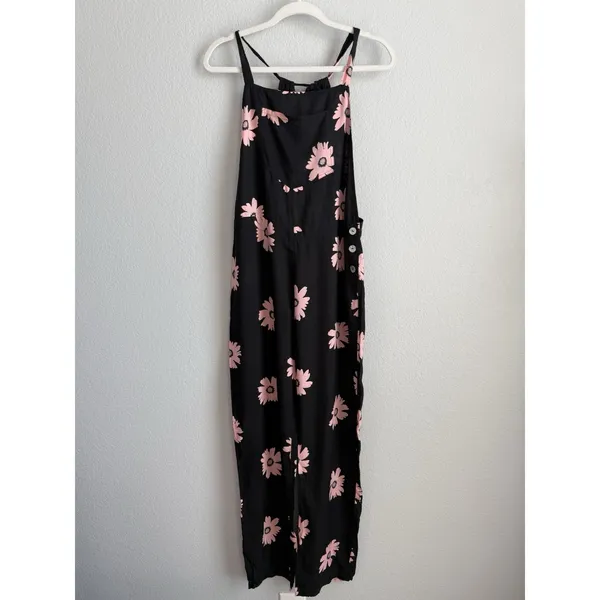 Wildfox Swim Daisy Overall Jumpsuit Black Pink Floral Wide Leg Sample Coverup S - Image 4