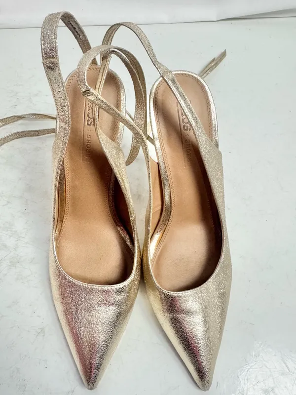 ASOS Gold Metallic Pointed Toe Slingback Lace Up Heels Size 7 - Image 4