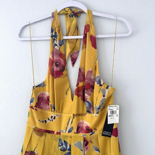 Adrianna Papell Size-10 Women's Midi Dress Halter‎ Yellow Floral Silk $160 - Image 7