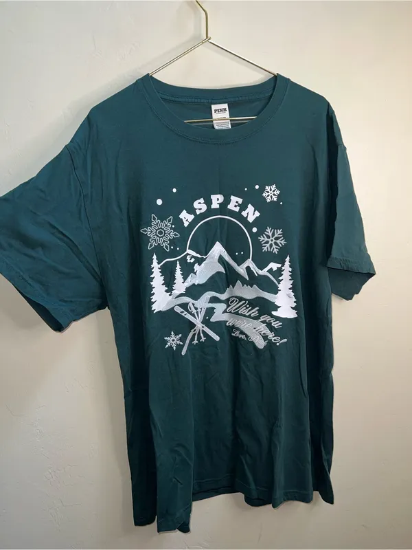 PINK Victoria's Secret Aspen Graphic Tee - Forest Green with White Print - Image 4
