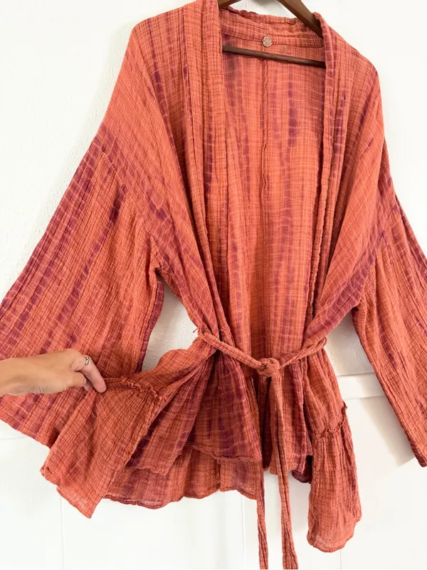 Free People Womens XS/S Tie Dye Kimono Jacket Cotton Gauze Belted Boho Rust - Image 8