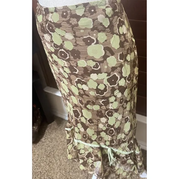 Allison Taylor Silk Floral Midi Skirt Brown Green Ruffle Hem Y2K Whimsigoth L - Image 2