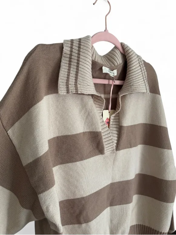 Entro Striped Collared Pullover Sweater Beige & Brown Polo Collar Knit Top Sz L - Image 3