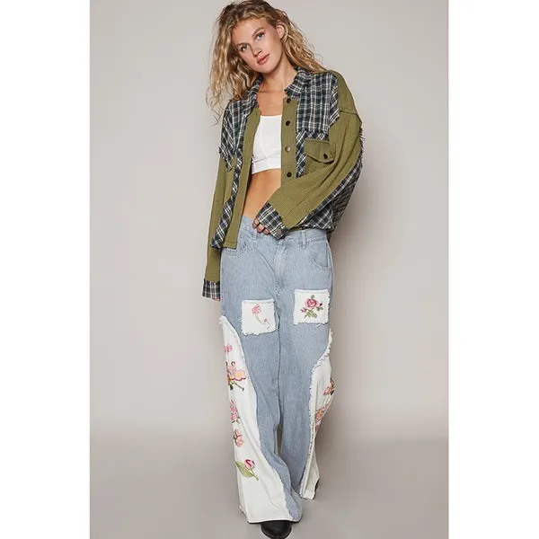 Pol Mixed Media Plaid Waffle Knit Shacket Olive Green Navy‎ Blue Oversized NEW - Image 4