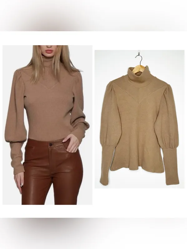 Walter Baker Brown Ribbed High Neck Puff Sleeve Knit Sweater Size Large - Image 2