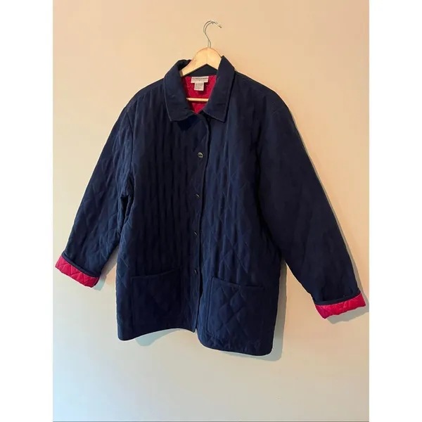 Vintage Alfred Dunner Quilted Jacket Navy Blue Red Lining Soft Barn Coat Size 18 - Image 6