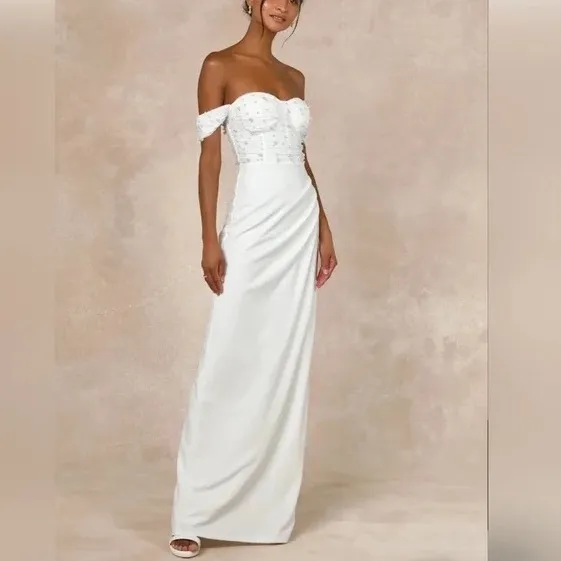 Lulus Immensely Charming White Mesh Pearl Bustier Maxi Dress‎ Size L - Image 5