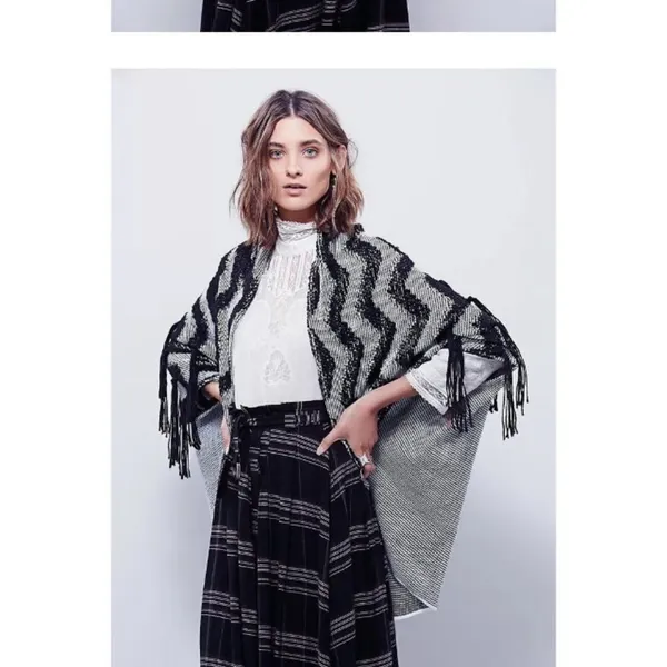 Free People Boho Diamond Fringe Kimono Cardigan Cacoon Knit Sweater Red One Size - Image 3