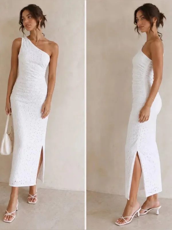 Zara White One Shoulder Eyelet Midi Dress Size XS 100% Cotton Coastal Beach - Image 2