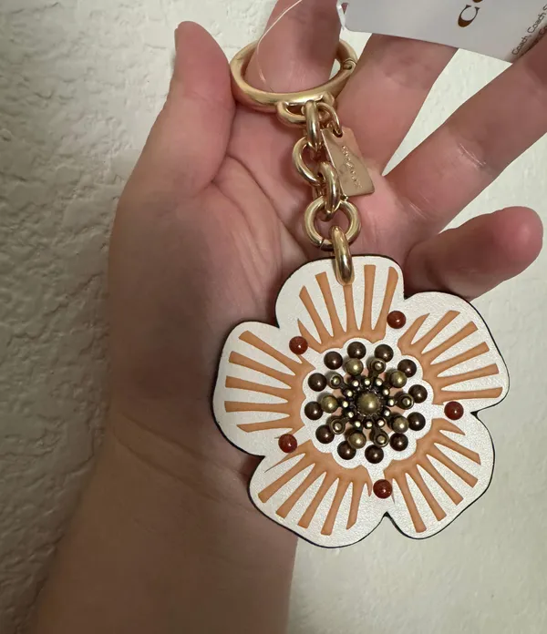 Coach Tea Rose Leather Key Fob Bag Charm Keychain - Image 2