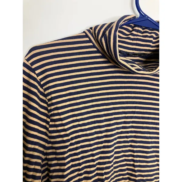 J.Crew Turtleneck Top Womens Large Navy Tan Excellent Striped Long Sleeve Cotton - Image 4