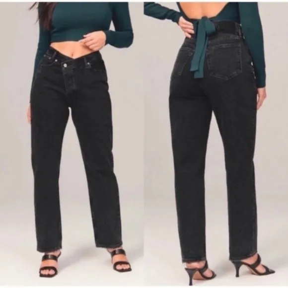 Abercrombie “The dad high rise” asymmetric criss cross waistband washed black grey gray - Image 2