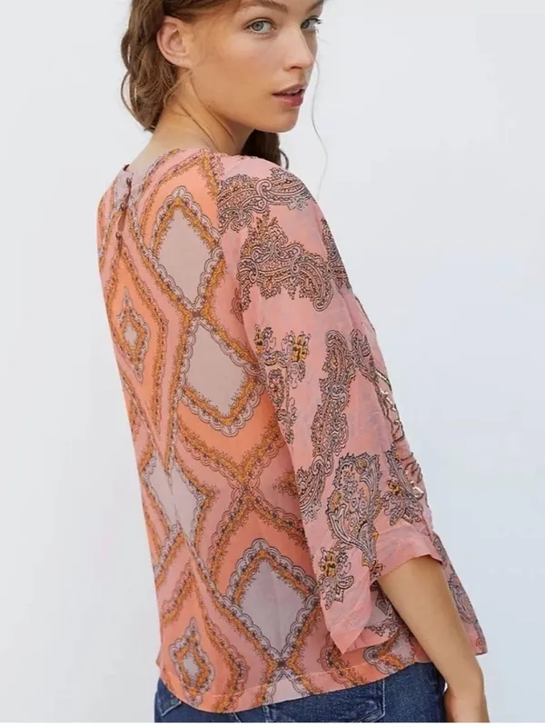 Anthropologie Ignacia Sheer Sequined Blouse Coral Gold Boho Top - Image 2