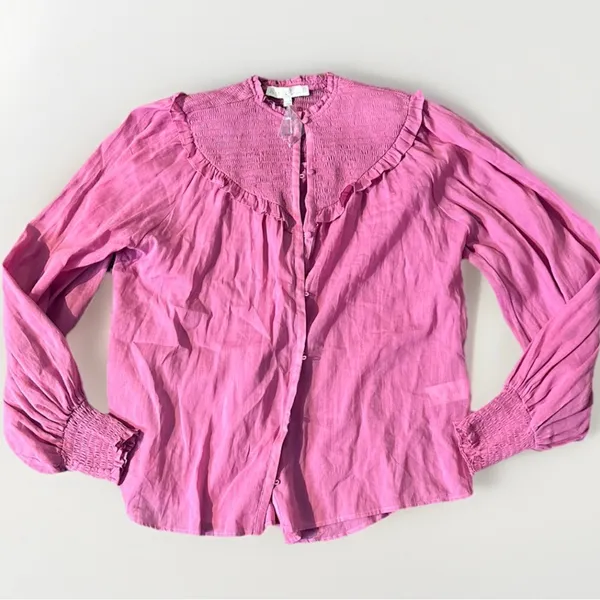 Karlie‎ Large Pink Linen Smock Top Button Up Long Sleeve Lightweight Ruffle NWOT - Image 5