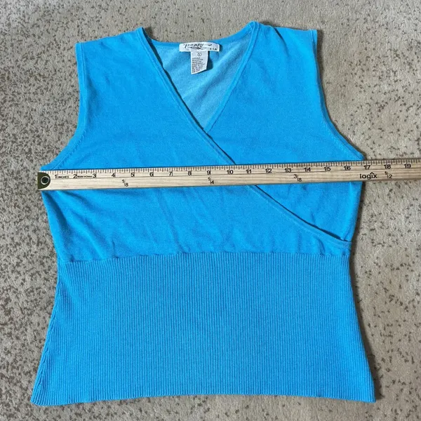 Y2K Poppy by NSD Preppy Babydoll Blue‎ Silk Cotton Blend Faux Wrap Knit Top L - Image 3