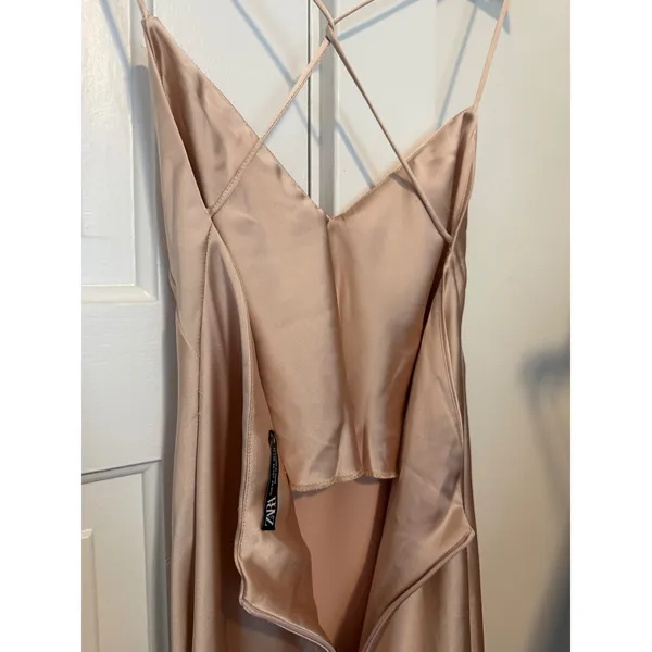 Zara Champagne Satin Maxi Slip Dress Cross Back V-Neck Sleeveless Pink Beige XS - Image 13