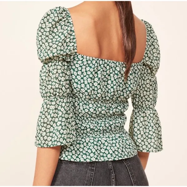 Reformation Ayla Smocked Floral Top Women's Green Size Medium - Image 2