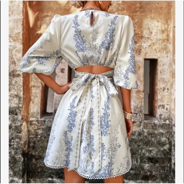 Boho Midi Dress Floral Print Cut Out Tie Back Cuff Sleeve Cream Blue Puff NWOT - Image 3