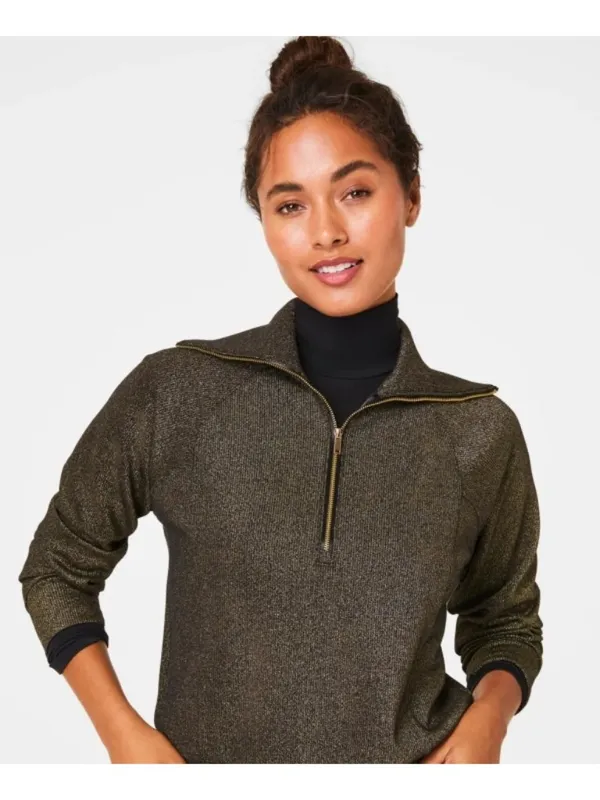 Spanx AirEssentials Half Zip Shimmer Very Black Gold Shine Knit V-Neck Sweater S - Image 3