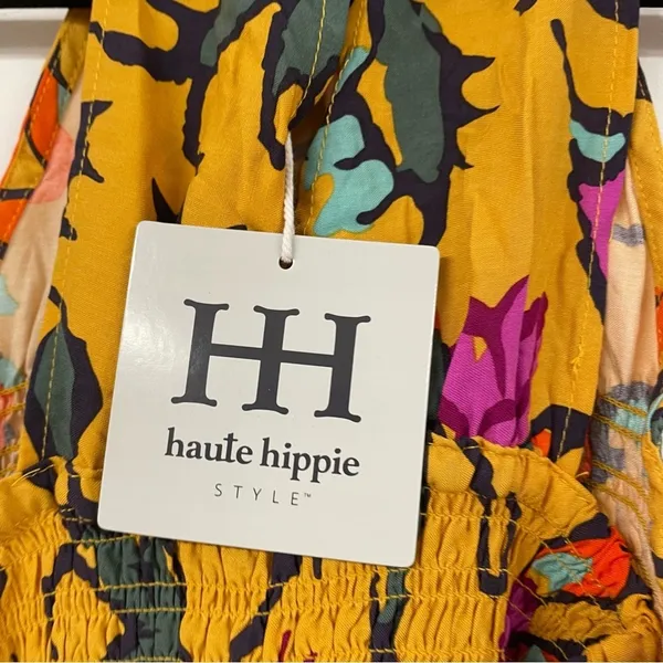Haute Hippie Mustard Yellow Floral Print Halter Smocked Boho Blouse L Sleeveless - Image 7