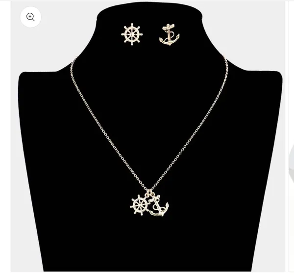 Metal Ship Wheel Anchor Pendant Necklace & Earrings - Image 2