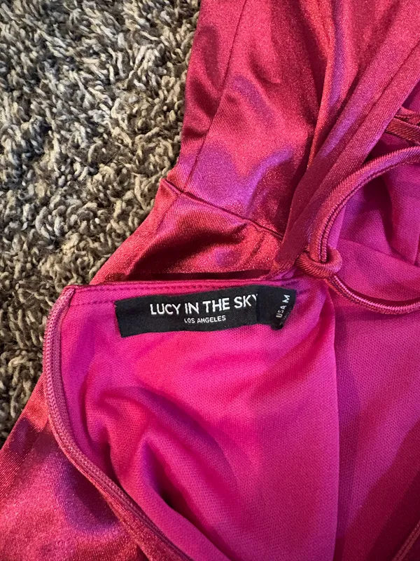 Lucy in the Sky Satin Ruffle Bodycon Dress in Magenta - Image 5