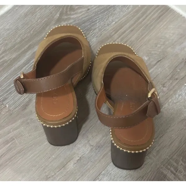 Coach Suede Block Heel Sandals Tan Brown Slingback Beaded Trim Womens Size 5.5 - Image 5